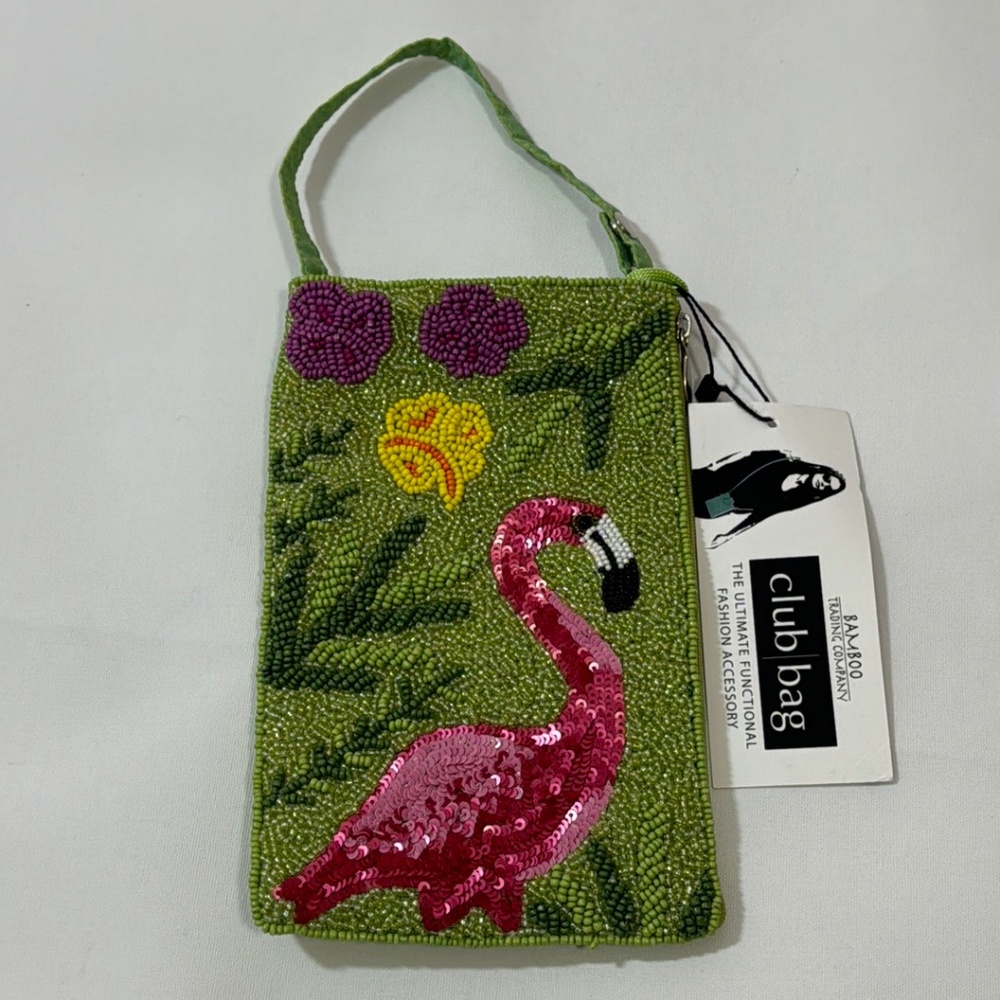 Bamboo Trading Hand Beaded Pink Flamingo Club Bag Cellphone Crossbody Wristlet